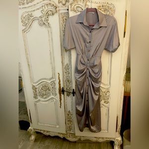 Mid length silky grey button up dress.